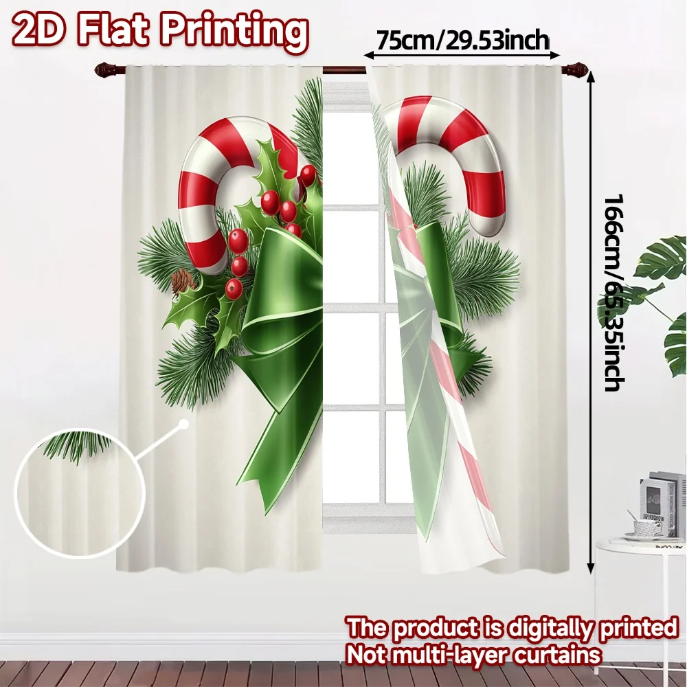 2pcs,Curtains Christmas Candy Cane Ribbon Berry (3) Popular Print Curtains Yarn Curtains Gifts for Bedroom, Living Room, Office