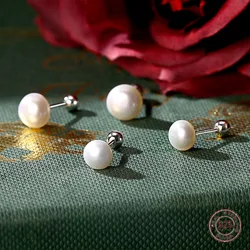 925 Sterling Silver Freshwater Pearl Geometric Stud Earrings for Women 2023 Trending Screw Round Shape Earring Fashion Jewelry