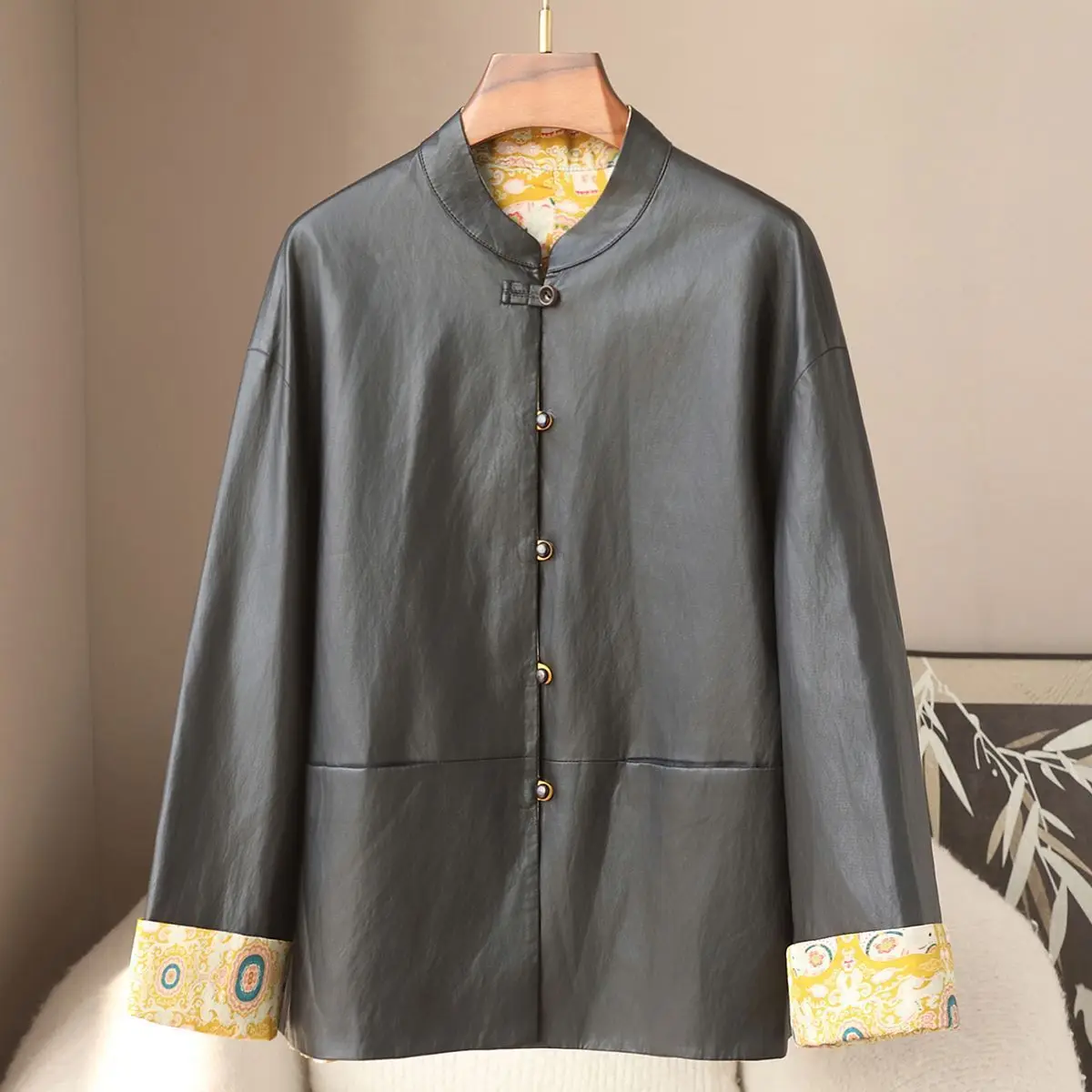 2026 Spring New Fashion Round Neck Pu Leather Jacket Double Sided Wearing New Chinese Coat for Women