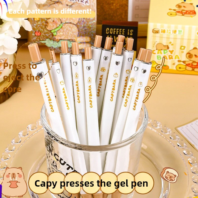 

12 Pcs Kapibara Square Push Press Pen Student Office Stationery Black Smooth Brush Question Pen 0.5m Back To School