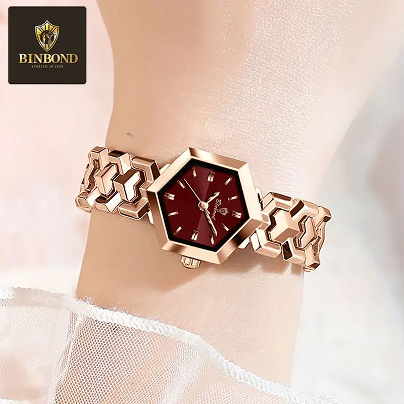 BINBOND ساعة كوارتز نسائية أنيقة موضة المعين مرآة مقاوم للماء ساعة اليد مضيئة الماس الهاتفي الساعات الأصلية للسيدات #6