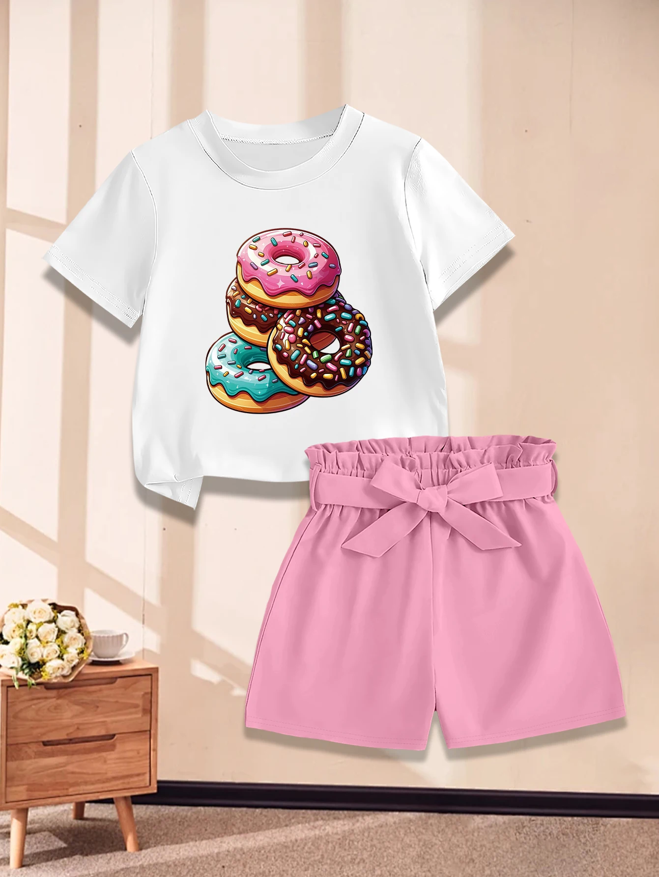 2 pieces: Cartoon Donut Print Girls' Sweet Cute Summer Woven Bow Shorts Set