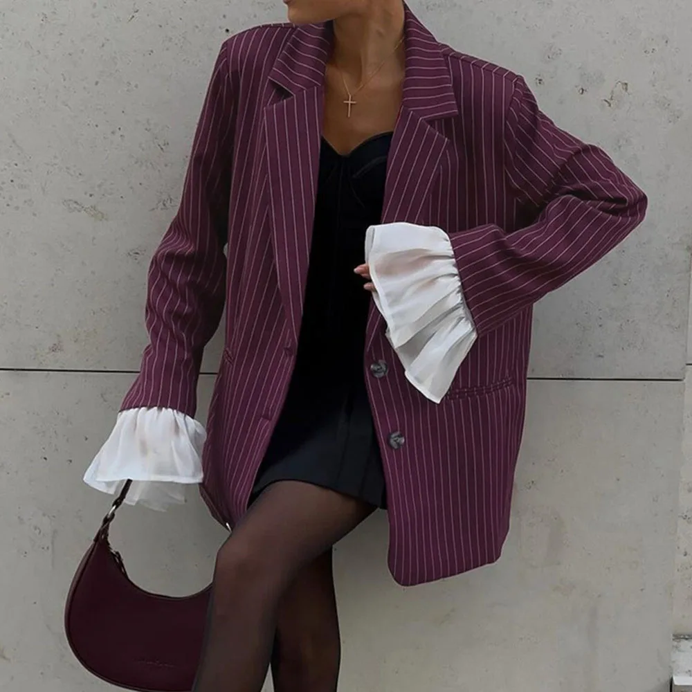 

Модный свободный женский пиджак в винно-красную полоску, осень-зима 2022, новые пальто с длинными рукавами и лацканами, элегантные пиджаки, верхняя женская одежда