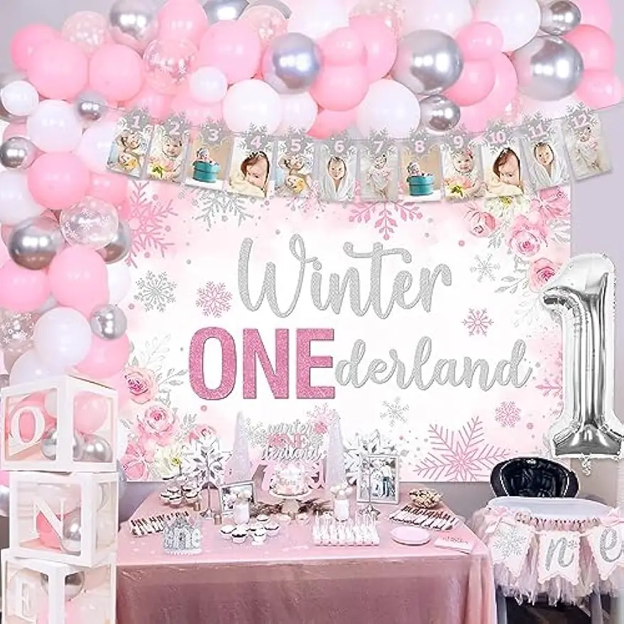 

FUNMEMOIR Winter Onederland Girls' First Birthday Decoration, Garland Arch, Banner, Backdrop Cake Top, Flag Hat, and Balloon Box