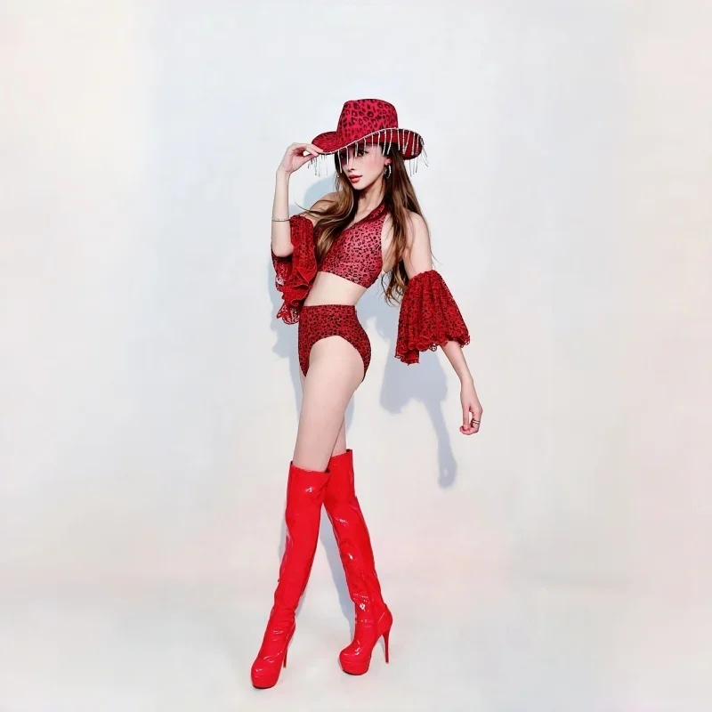 Women Sexy Slim Red Leopard Bikini High Slit Long Dress Hat Bar Nightclub Gogo Dancer Group Show Transparent Stage Costume