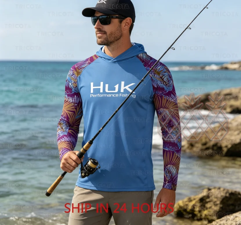 Camisetas con capucha para pesca HUK, UPF 50+, ropa de pesca transpirable para exteriores, camisetas de pesca de manga larga de secado rápido para hombre, Camisa De Pesca