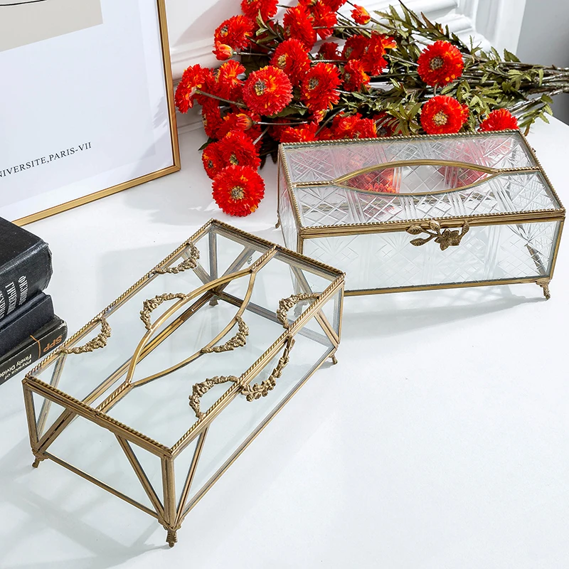 

India imported glass with brass napkin paper box light luxury restaurant coffee table desktop decoration high-end pumping paper