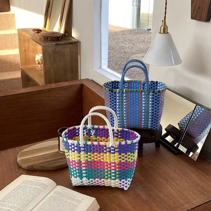 Colorful Woven Tote Bag Shopping Basket Pvc Handbag Weaving Hand Basket Large Capacity Picnic Beach Bags Patchwork Striped Tote