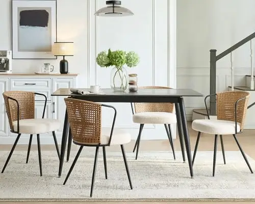 Rattan Dining Chairs Set of 4, Boucle Upholstered Dining Room Chairs with Metal Legs and Wingback Backrest, Mid Century