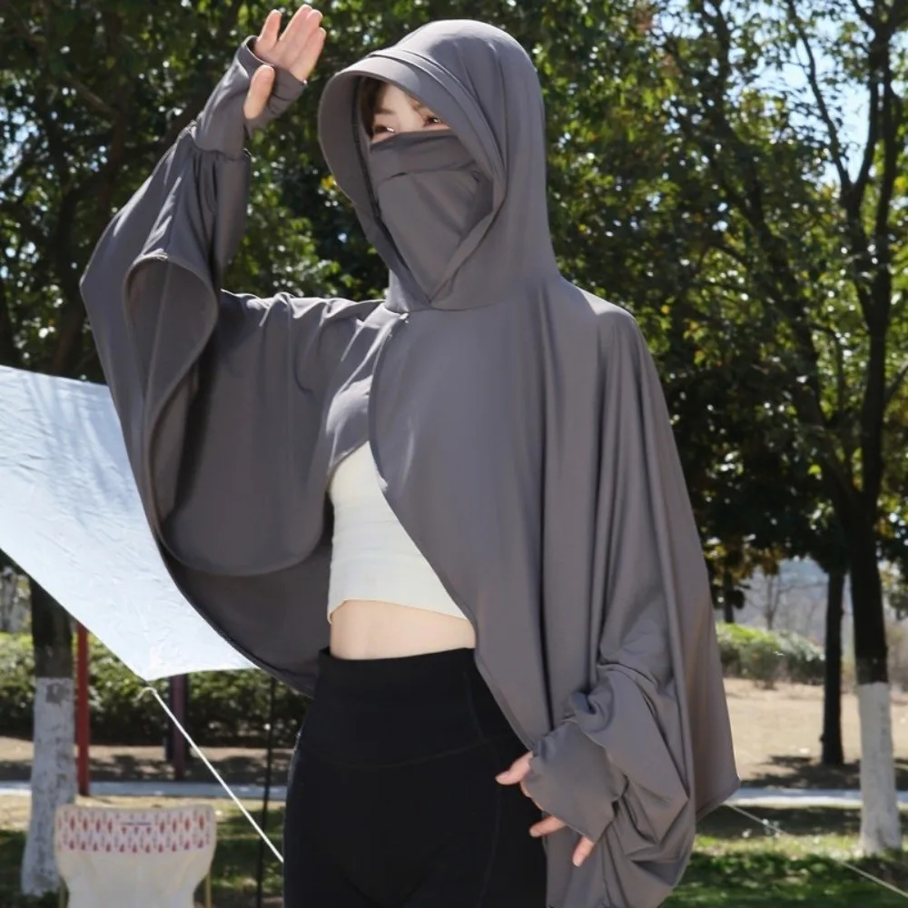Solid Color 3 in 1 Sunscreen Hoodie Long Sleeve Thin Sun Protection Clothing Quick Dry Waterproof Facemask Hat Sunscreen Shawl