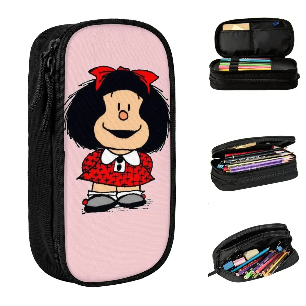 Large-capacity Pencil Pouch Mafalda And Concern For The World Office Double Layer Pencil Case Stationery Women Makeup Bag