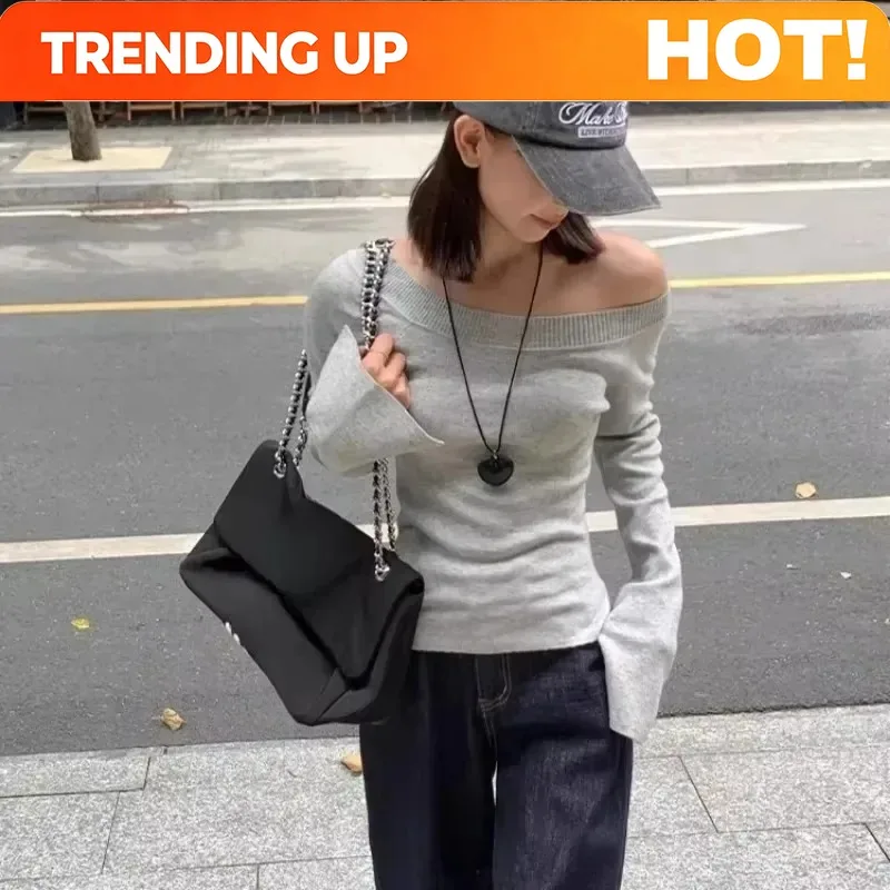 Sexy Pullovers Women Off Shoulder Cropped Knitted Basic Clothes Autumn All-match Side Slit Simple Tender Slim Gentle Seductive