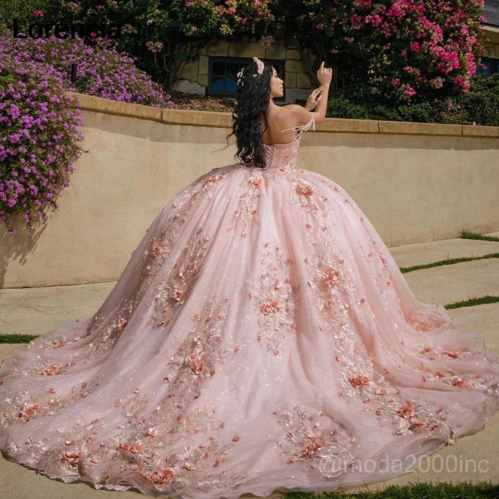 Vestido para quinceañeras rosa con purpurina personalizado, vestido De baile brillante con flores en 3D, apliques con cuentas, corsé dulce 16, Vestidos De 15 Años YQD961