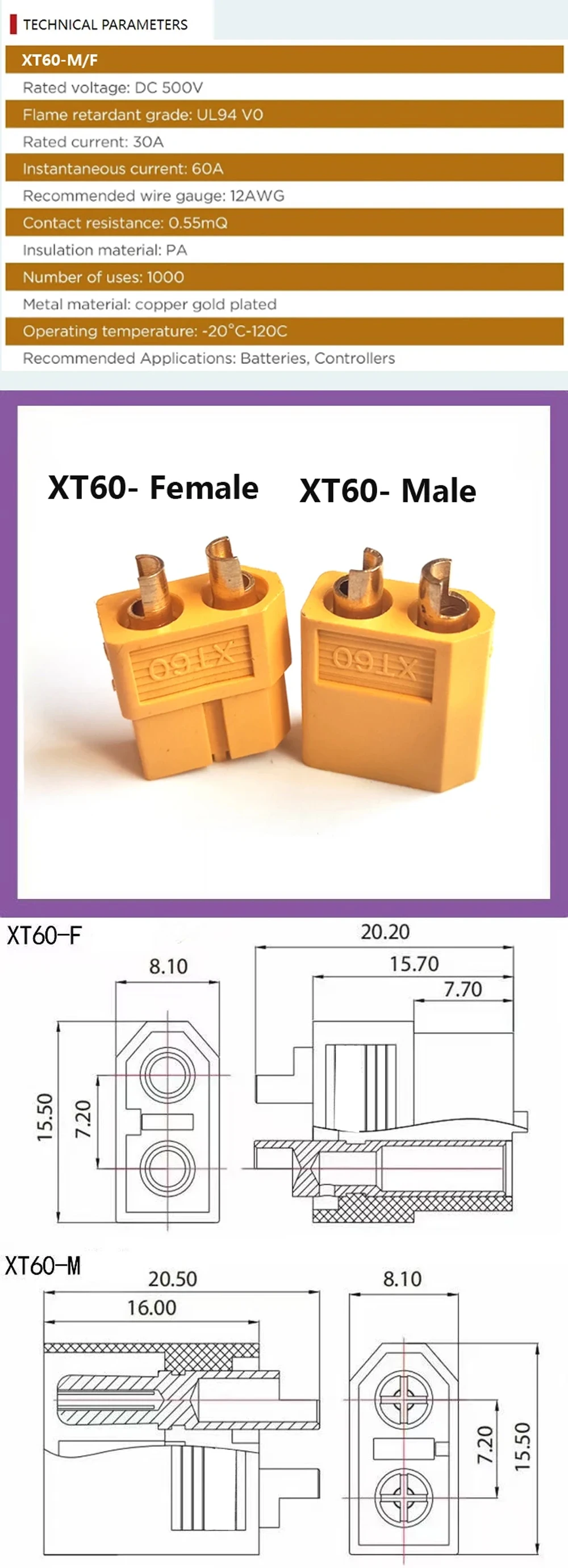 XT60 X90 auf M8 O-Ring-Ösen-Batterieanschluss-Stecker-Kabel 10/12AWG Ladeanschluss für RC Lipo-Akku FPV Racing – Detail 1
