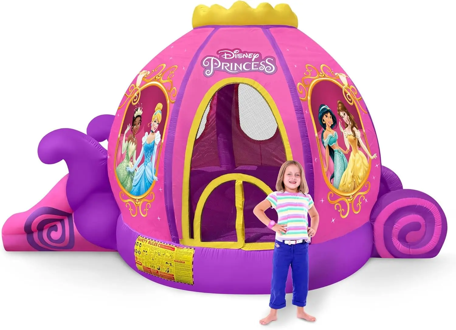 Princess Carriage Inflatable Pink Bounce House with Slide and Ball Pit, Indoor Outdoor Bouncy Castle with Air Blower Kids