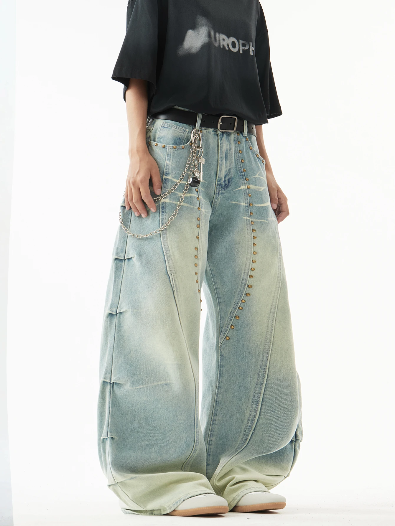 Men's Y2K Streetwear Jeans, Vintage Beaded Pleated Baggy Wide Pants For Men, High-Street Loose-Fitting Casual Denim Trousers