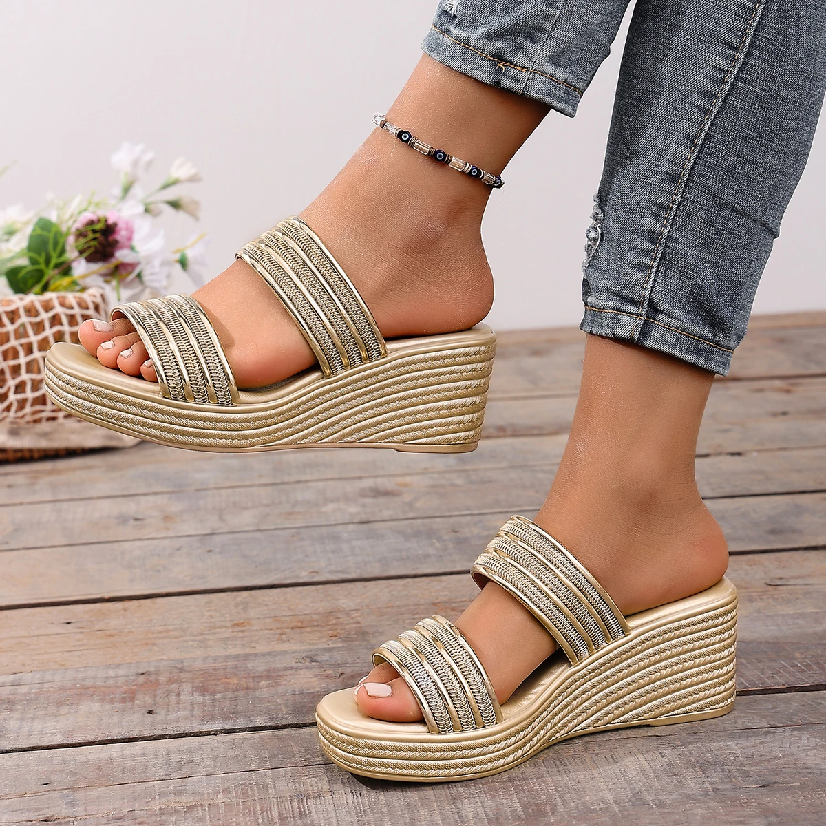 Women Sandals Summer Wedge Slippers Women Round Head Open Toe Sandals Platform Anti-slip Wear-resistant High Heels Shoes Women