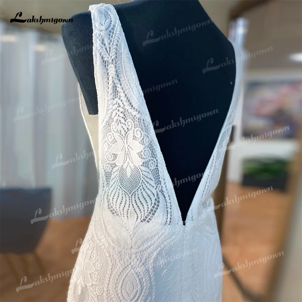 Vestido de novia de sirena de encaje personalizado con escote en V pronunciado, vestidos de novia formales largos sin espalda sexis sin mangas