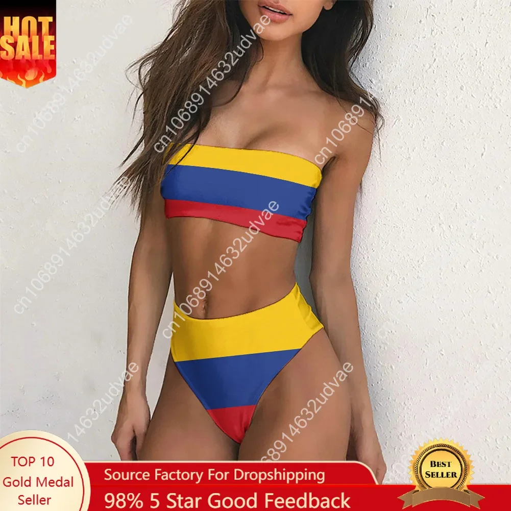 2025 Jamaica/Colombia Flag Print Sexy Bikinis Set Swimming Suit For Women Swimsuit Off Shoulder Swim Bathing Suits Plus Size