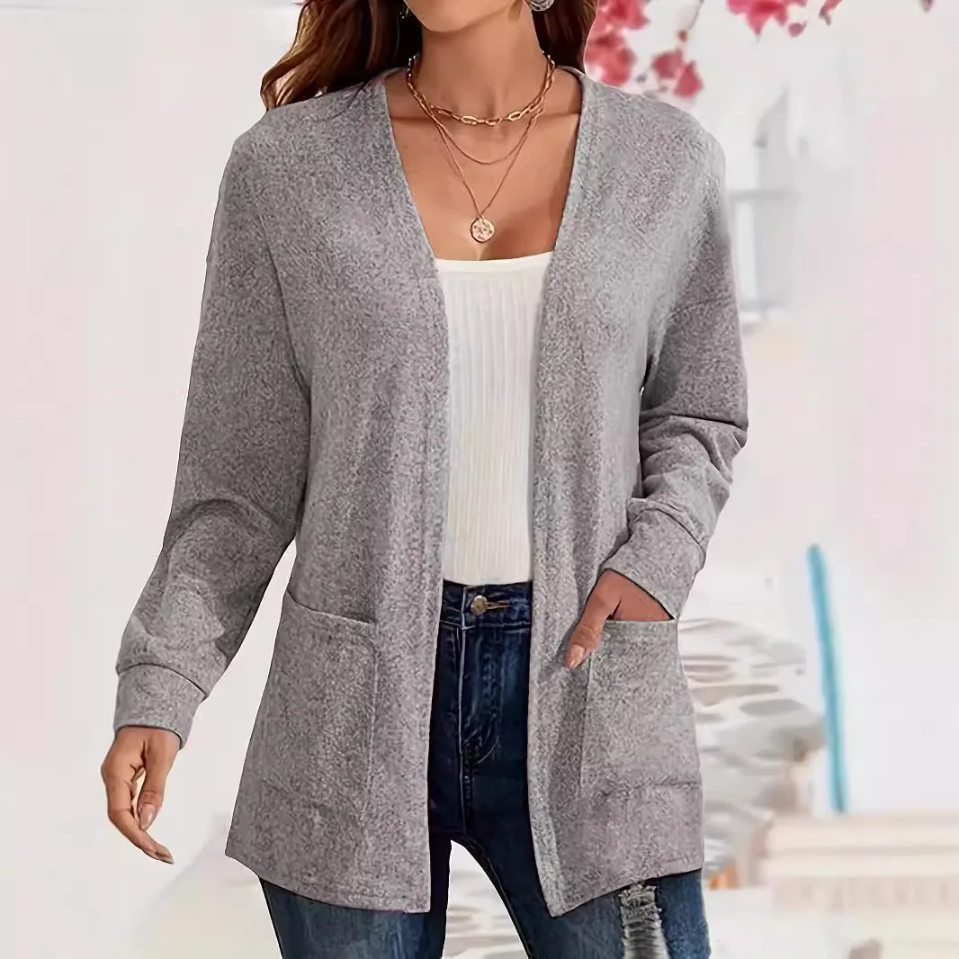 

Autumn Winter New Sle Thin Long Sve Open Cardigan Pure Color ket Loose Women's Knitted Sweater Polyester Fiber