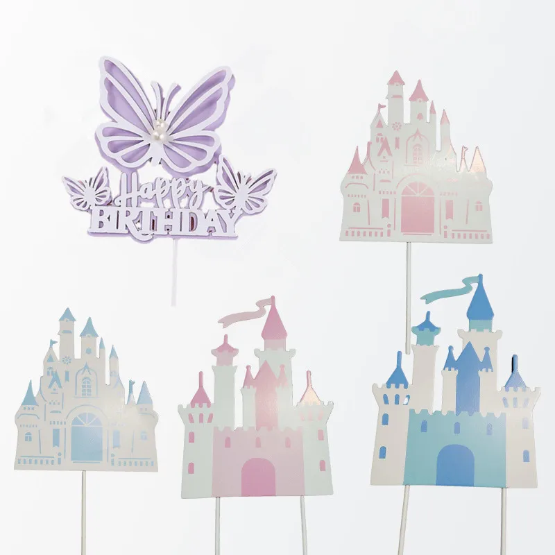 Printed Castle Cake Flag Topper Pink Blue Happy Birthday Cake Flags Butterflies Birthday Wedding Party Cake Baking Decor