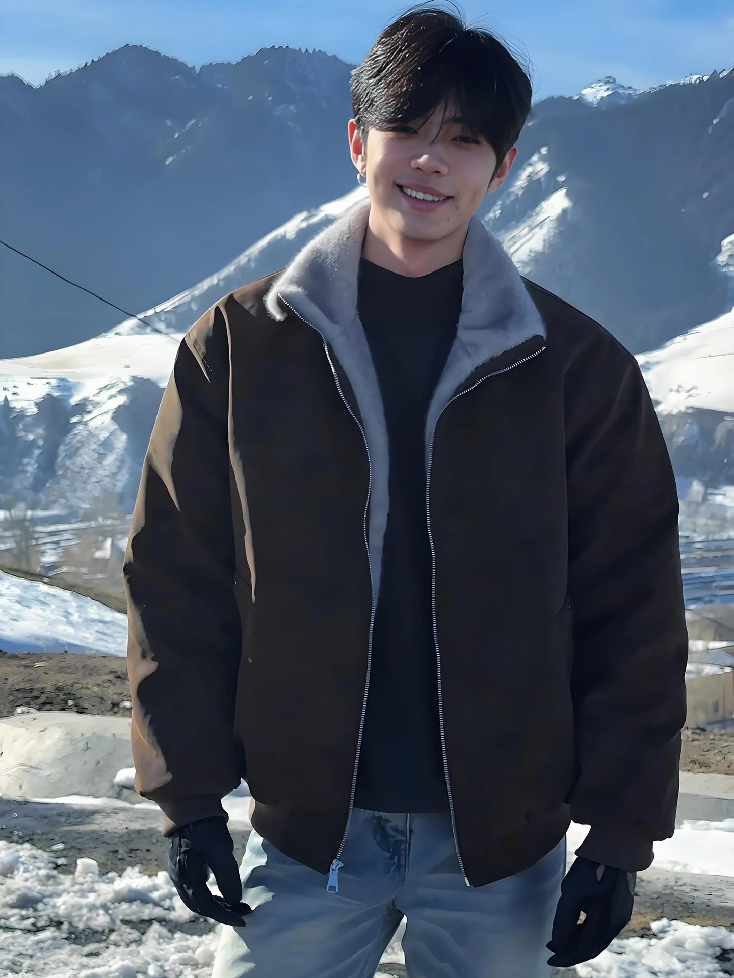 الكراميل فو الفراء بولي Leather جلد الرجال الشتاء Jaet الوقوف طوق Fce اصطف ort Sle معطف القطن الدافئة Thiened طويل Sve #5