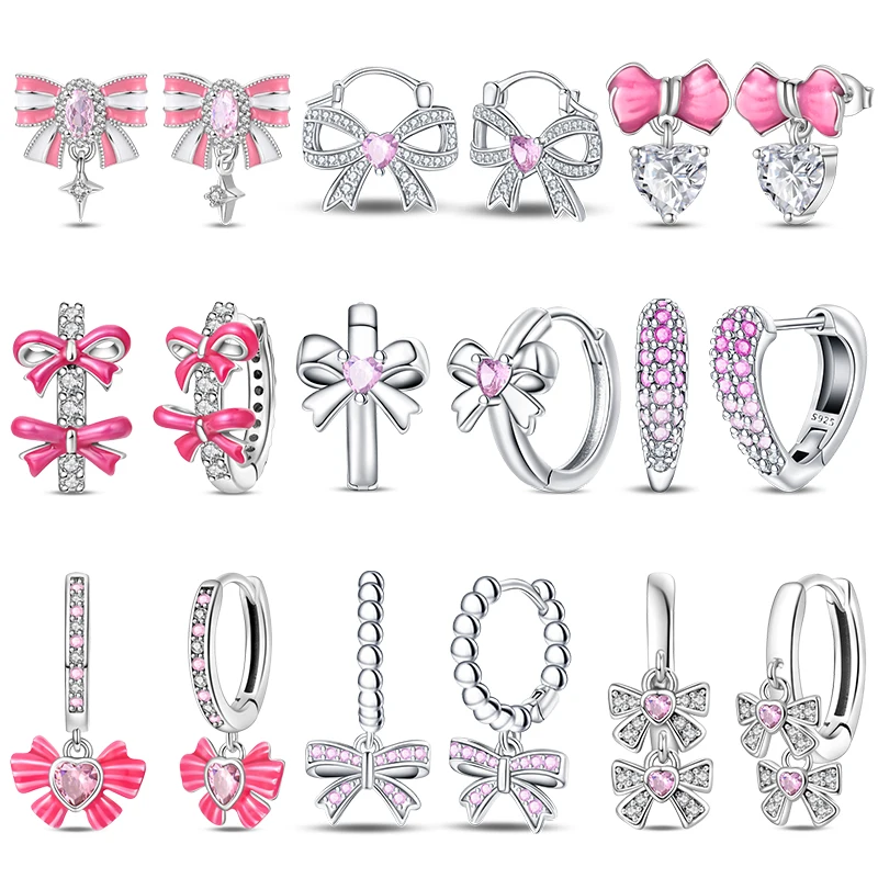 

Sweet 925 Sterling Silver Studs Earrings For Women Pink Princess Bow Double Hoop Earrings Anniversary Festivals Jewellery Gifts