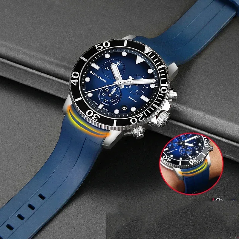21 مم 22 مم لتيسو 407A T 120417 سوار ساعة مطاطي 1853 نجم البحر للغوص T120 سوار برتقالي أزرق للرجال بحزام سيليكون منحني النهاية