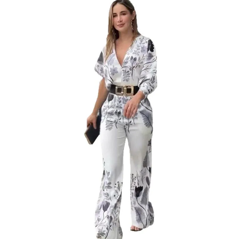 女性のためのジャンプスーツプリントワンピースワイドレッグパンツ V ネックバックレスレースアップストレートパンツ 2025 オフィスレディ女性オーバーオール