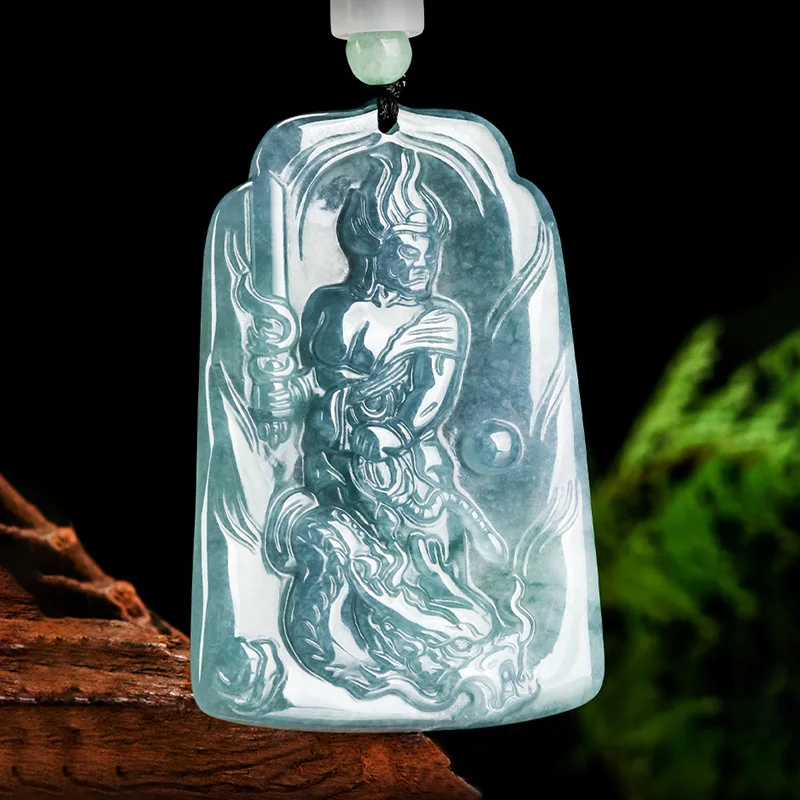 Natural A-grade Jadeite Immovable Mingwang Blue Water Jade Pendant Zodiac Chicken Guardian Goddess Primordial Buddha Jewelry