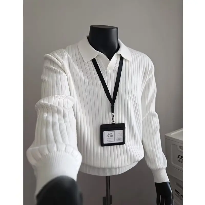 2026 Autumn White Groove Striped Half Turtleneck Sweater for Men, American Shoulder Knit Top