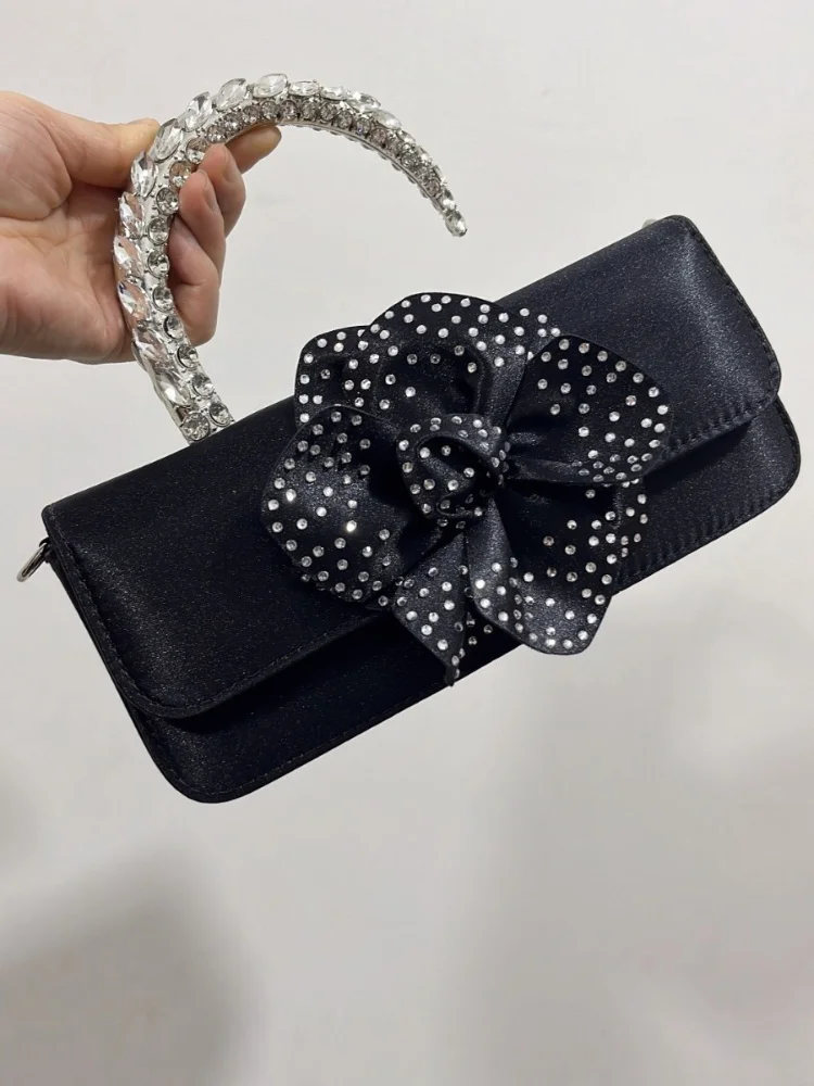 French Style Super Sparkling Rhinestone Evening Clutch Bags Women Silk Handbag Flower Deco Party Wedding Purse