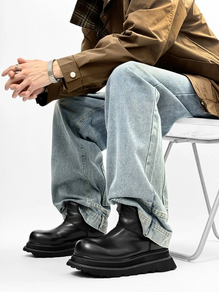 Genuine Leather Platform Snow Boots Men Plush Wool Lined Chelsea Ankle Boots Chunky Rugged Sole Women Winter Warm Footwear