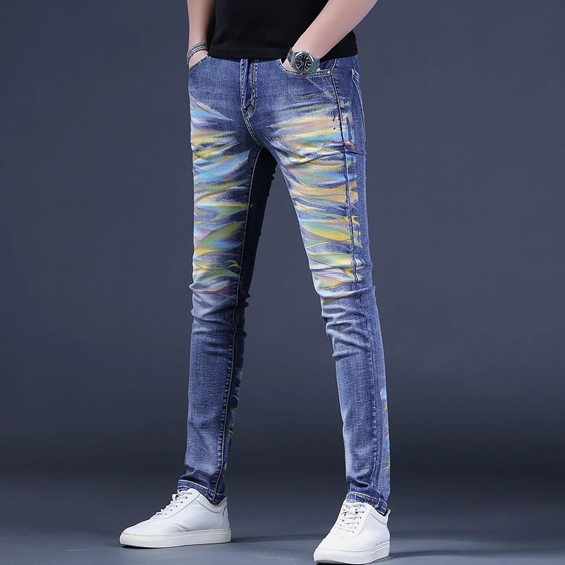 Multicolour Printed Blue Men\'s Jeans Casual Slim Fit Pencil Pants Korean Style Denim Trousers CP2228