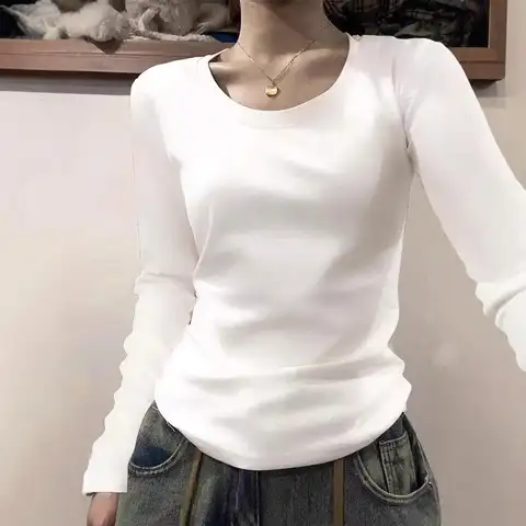 순면 긴팔 라운드넥 티셔츠 여성용 봄 가을 이너웨어 슬림핏 베이스 셔츠 한국 스타일 캐주얼 패션