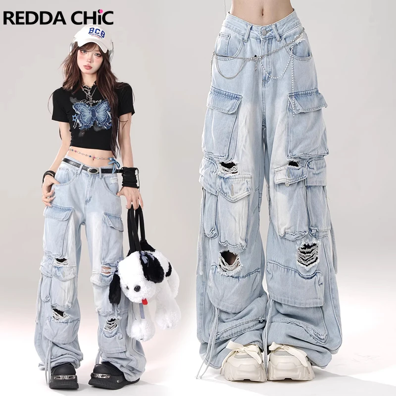 REDDACHiC 90s Distressed Blue Cargo Jeans Women Retro High Waist Destroyed Wide Leg Casual Pants Long Trousers Korean Streetwear