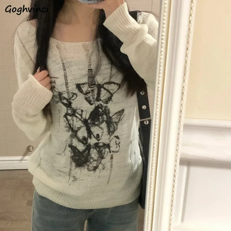 

Pullovers Women Printed Hollow Out Chic Lazy American Style Knitted Leisure Soft Cozy All-match Spring Students Popular Trendy