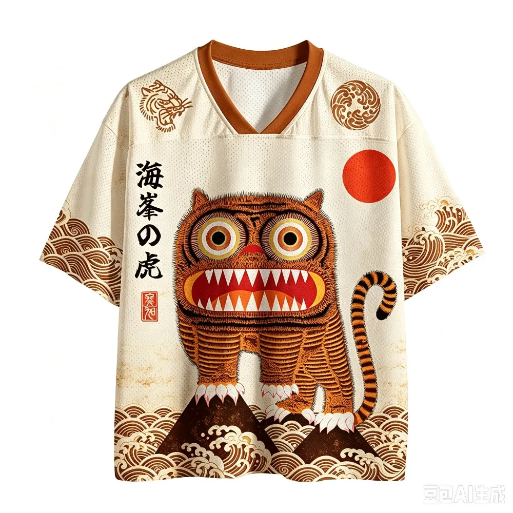 Retro Ukiyo-e Cartoon-Muster 3D-Druck Sport Schnelltrocknend Atmungsaktiv Herren V-Ausschnitt T-Shirt Outdoor Street Y2K Harajuku Casual Eltern-Kind – Detail 5
