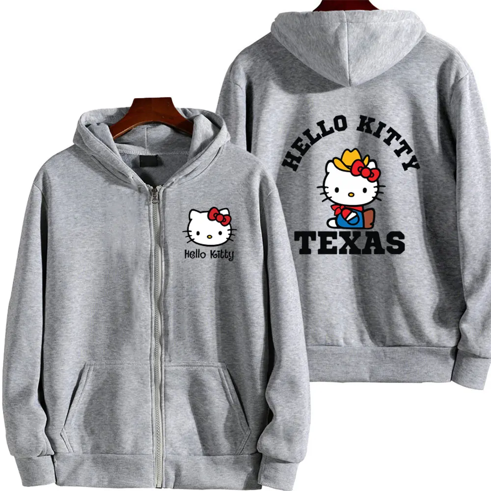 Hello Kitty Men Zip Up Hoodie Jacket 2024 New Spring Autumn Casual Women Sweatshirt Cartoon Anime Couple Oversized Clothes Coats