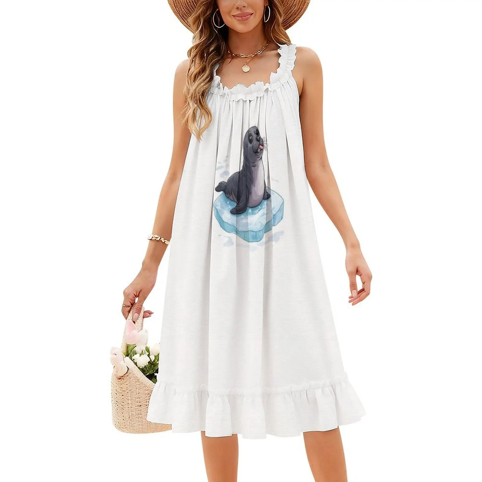فستان بوهيمي صغير بدون أكمام للنساء مطبوع عليه فساتين حفلات الشاطئ، ختم صغير على شكل حيوان، فستان نسائي لطيف #4