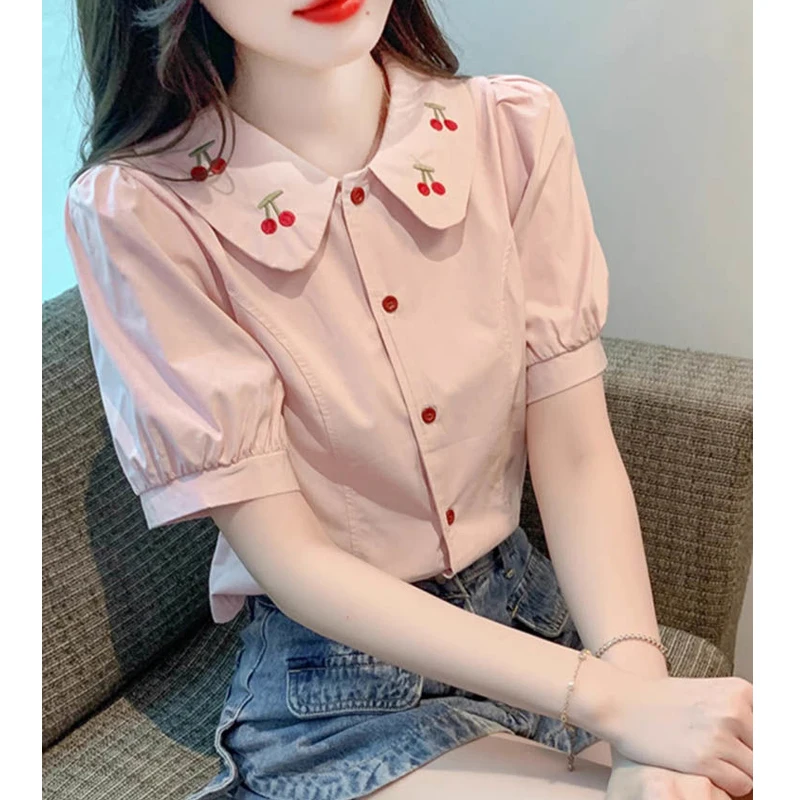 Womens Trendy Vintage Kawaii Embroidery Button Up Shirt Summer Peter Pan Collar Short Sleeve Blouse Female Casual Slim Chic Tops