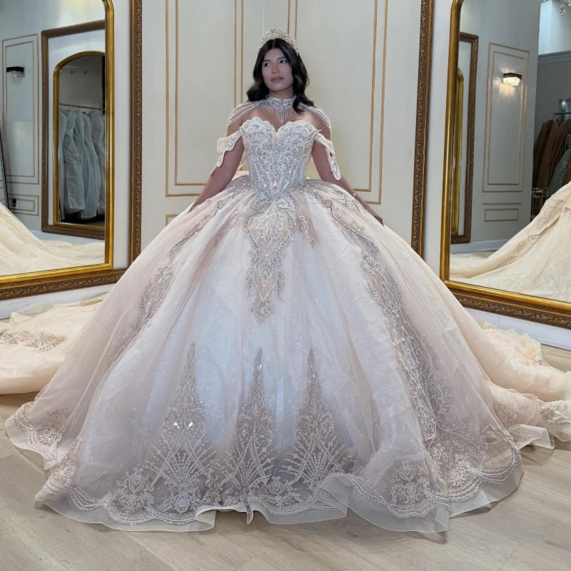 

Light Champagne Shiny Quinceanera Dresses Ball Gown Off The Shoulder Applique Lace Beading Crystal Bow Tull Corset Tull Party