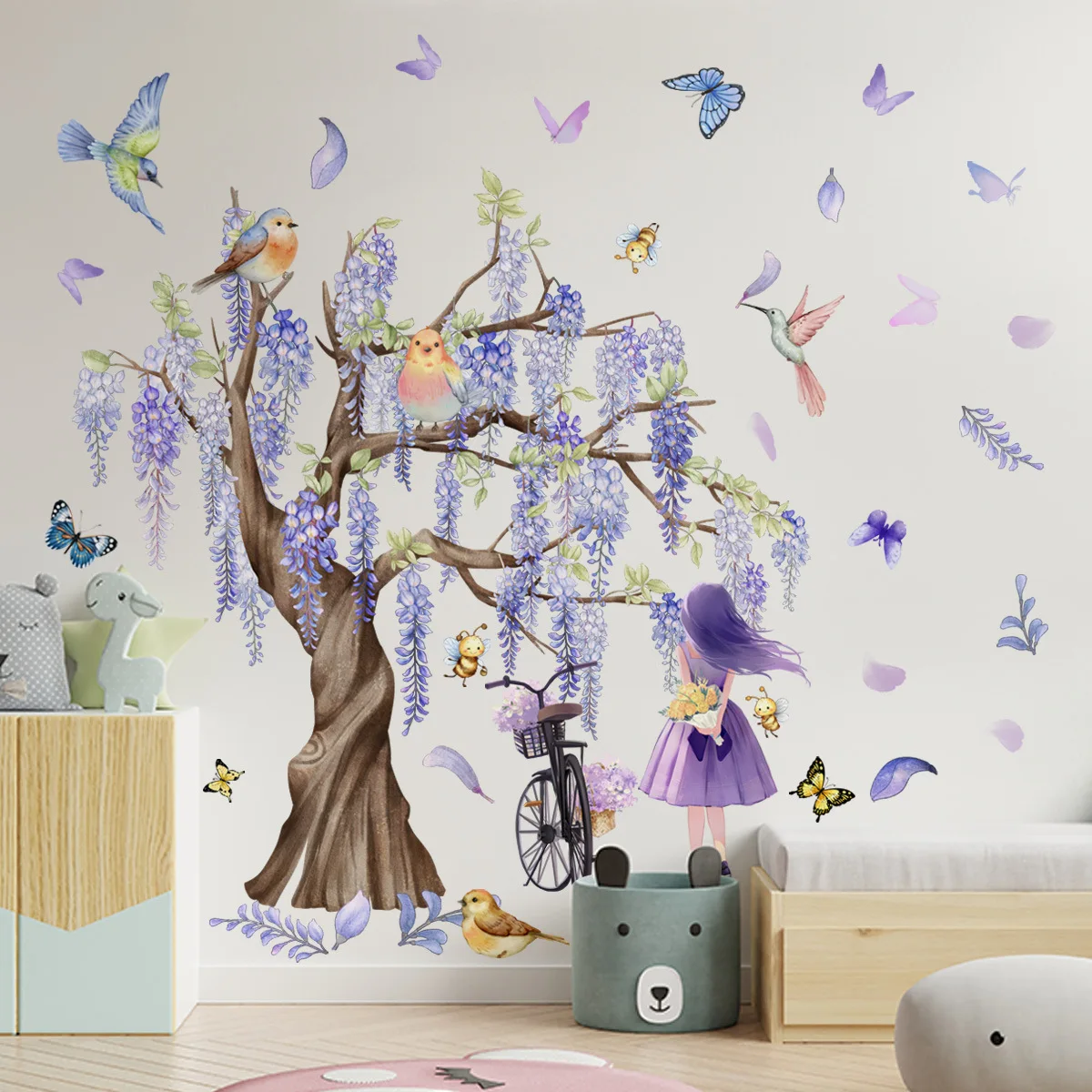 Under the Wisteria Tree Cartoon Animal Wall Stickers Rabbit Fox Butterfly Wall Sticker Children\'s Room Living Room Home Decals