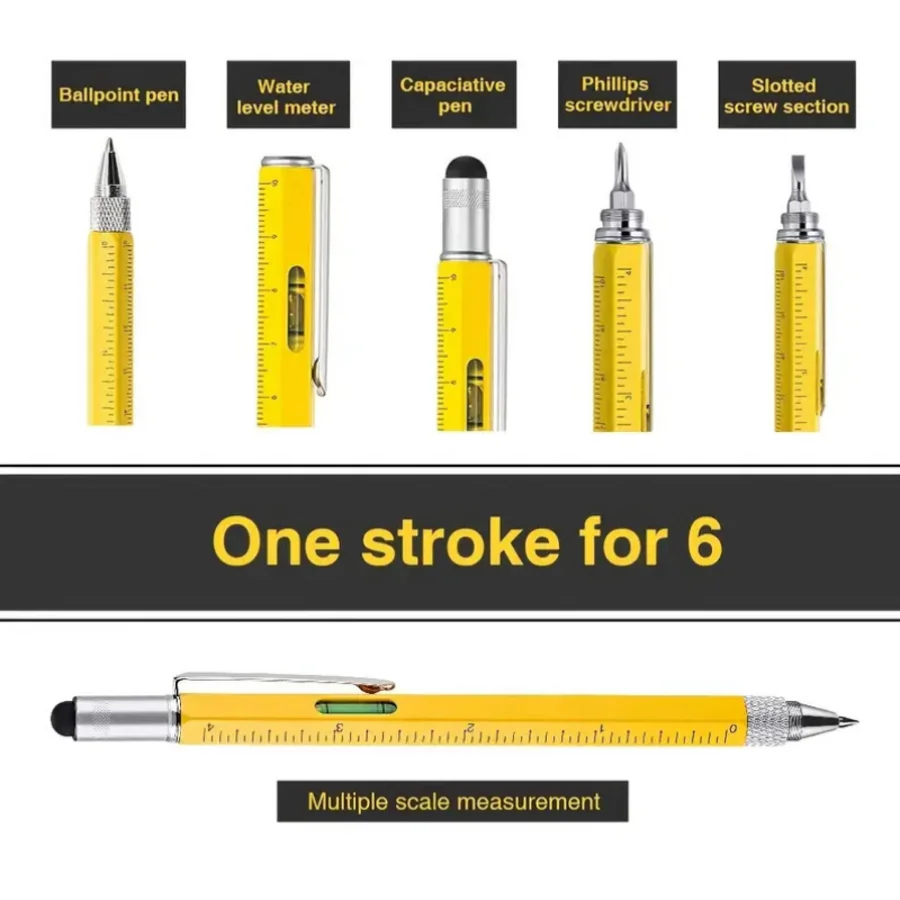أداة بناء قلم متعدد المهام 6 في 1، قلم أداة هدية، قلم متعدد التقنية مع قلم حبر جاف، مسطرة، قلم، مستوى، مفك براغي #2