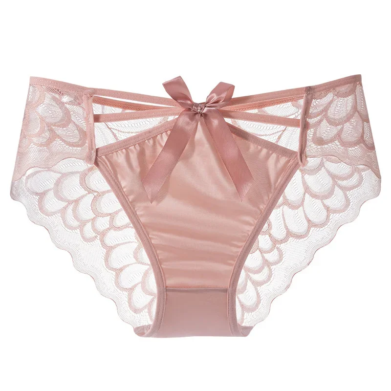 Hollowed Wing Pattern Lace Panties Low Waist Lovely Japanese Style Bow Underpants Women Sexy See Through High-slit Satin Briefs