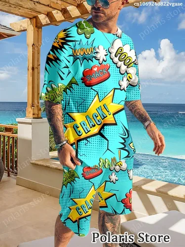 Imagen 2 del producto Ropa deportiva con grafiti de verano para hombre, conjunto de camiseta divertida con ilustraciones de Manga, ropa holgada, ropa deportiva de Hip Hop, conjunto de dos piezas, uniforme Lig