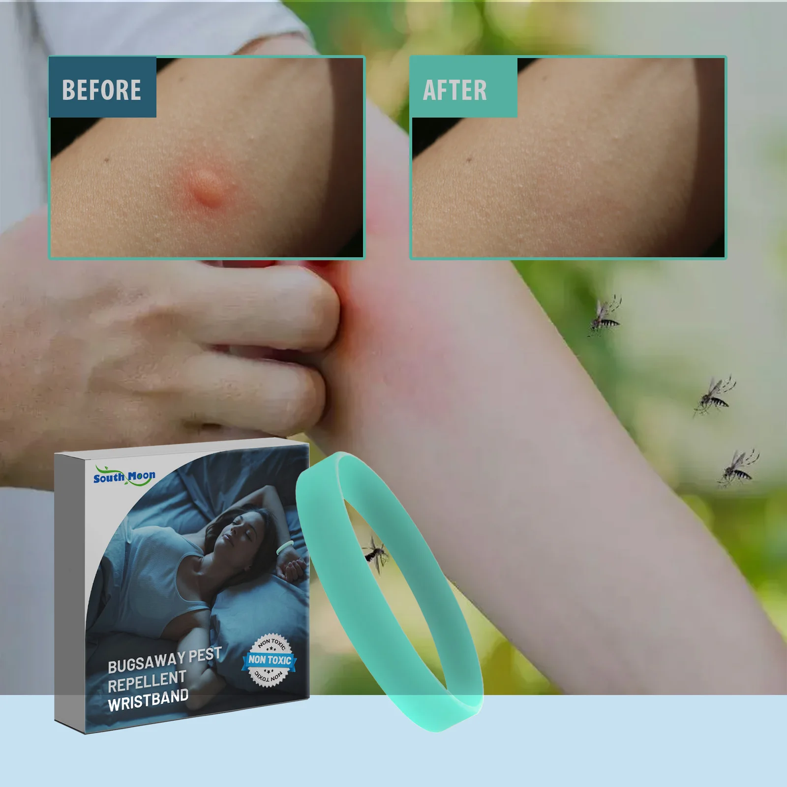 Bracelet anti-moustiques à l'huile de citronnelle, non toxique, en silicone, répulsif contre les fourmis, les cafards et les insectes, pour l'extérieur.