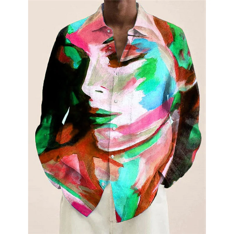 Abstract Portrait Of Woman Graphic Turndown Shirts 3D Print Long Sleeve Button Down Colorful Casual Blouse Shirt Streetwear