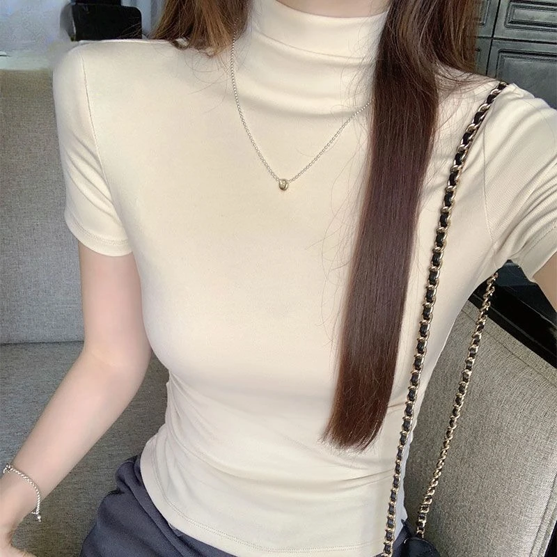 Top Women's Summer Slim Fit Half-High Neck Short Sleeve Straight Shoulder T-Shirt New Comfortable Casual Minimalist Versatile
