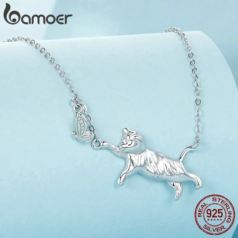 BAMOER 925 Sterling Silver Lovely Cat Pendant Necklace Flying Butterfly Neck Chain for Women Girls Daily Wearing Fine Jewelry